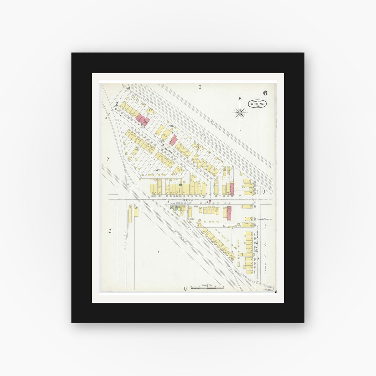 Old map wall art mockup — black gallery frame with white mat — Sanborn Fire Insurance Map from Whiting, Lake County, Indiana (1901), Sheet #0006