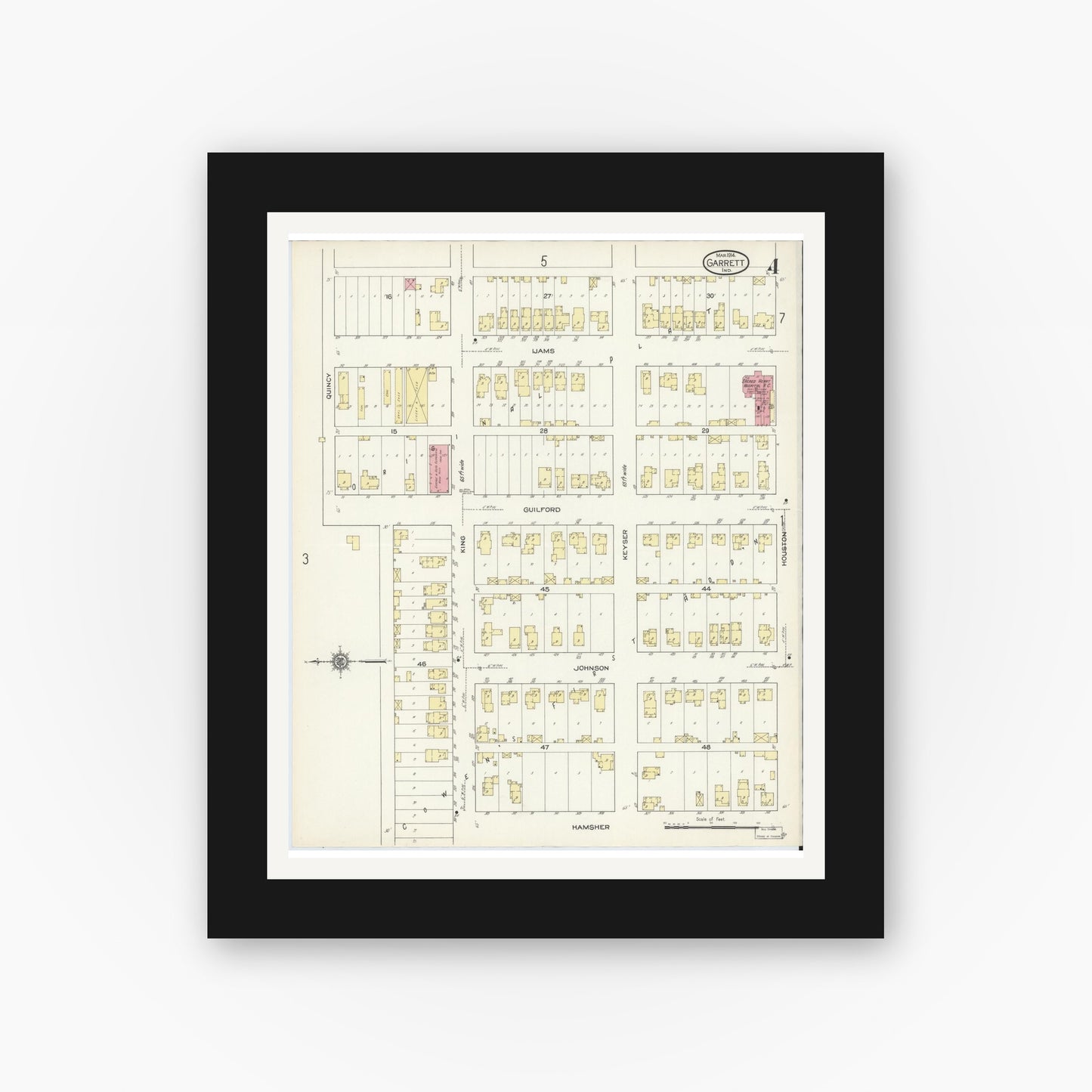 Old map wall art mockup — black gallery frame with white mat — Sanborn Fire Insurance Map from Garrett, De Kalb County, Indiana (1914), Sheet #0004