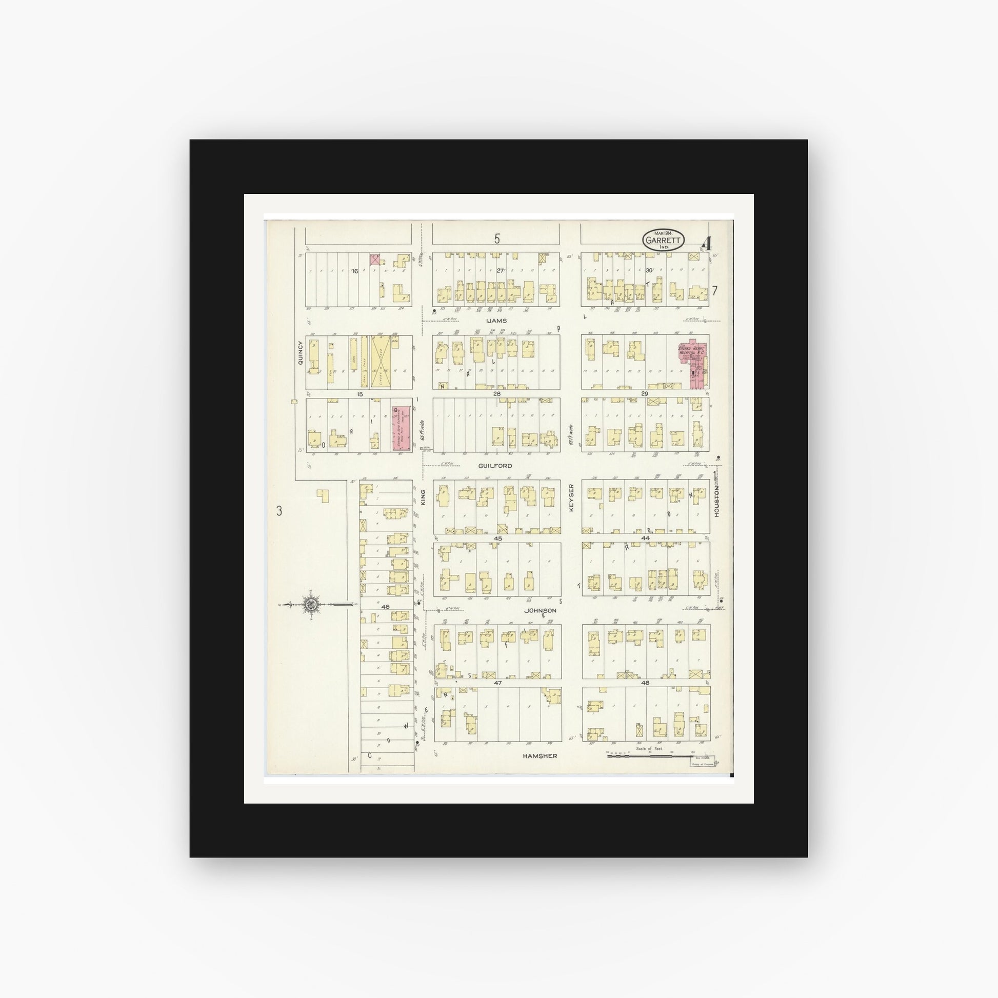 Old map wall art mockup — black gallery frame with white mat — Sanborn Fire Insurance Map from Garrett, De Kalb County, Indiana (1914), Sheet #0004