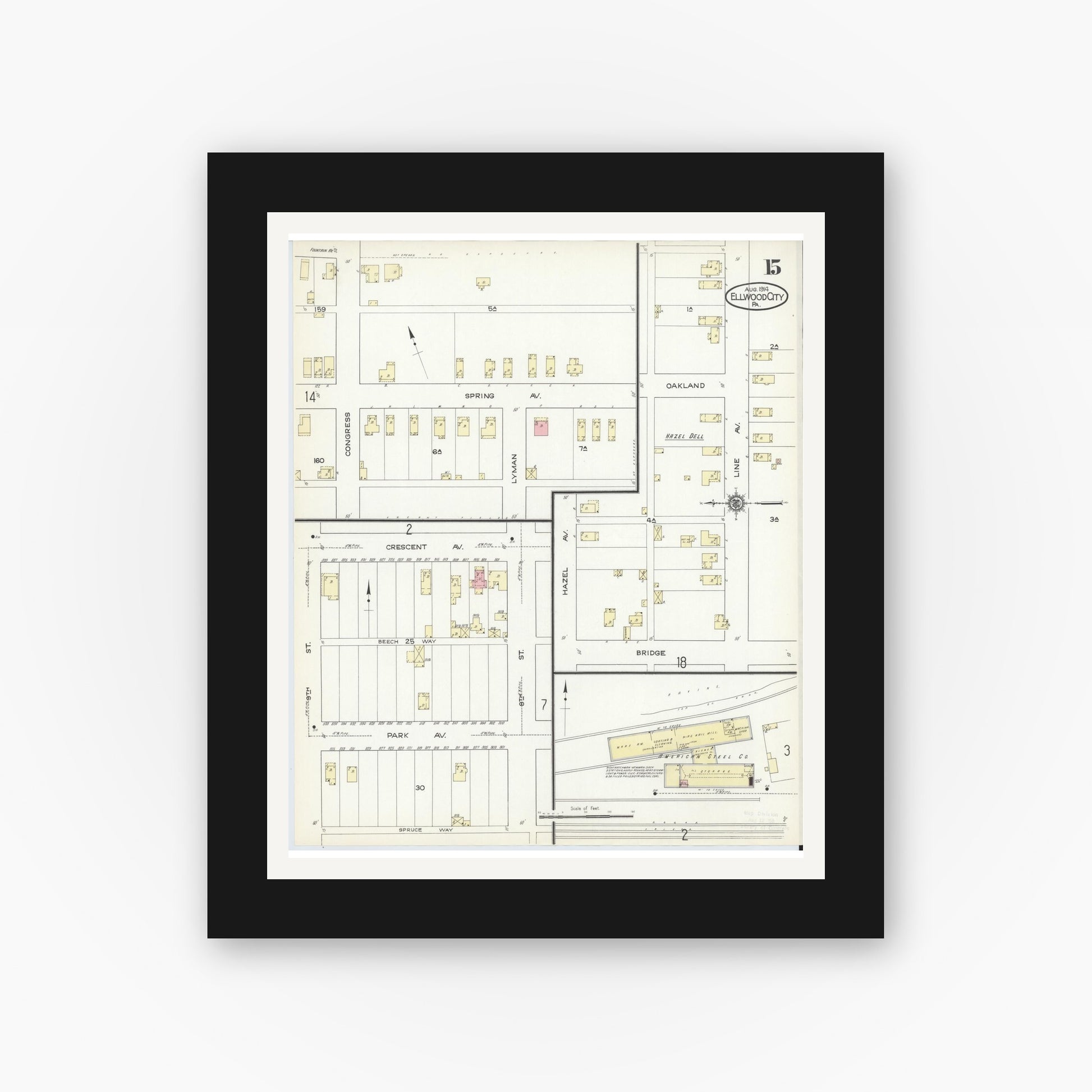 Old map wall art mockup — black gallery frame with white mat — Sanborn Fire Insurance Map from Ellwood City, Lawrence County, Pennsylvania (1914), Sheet #0015