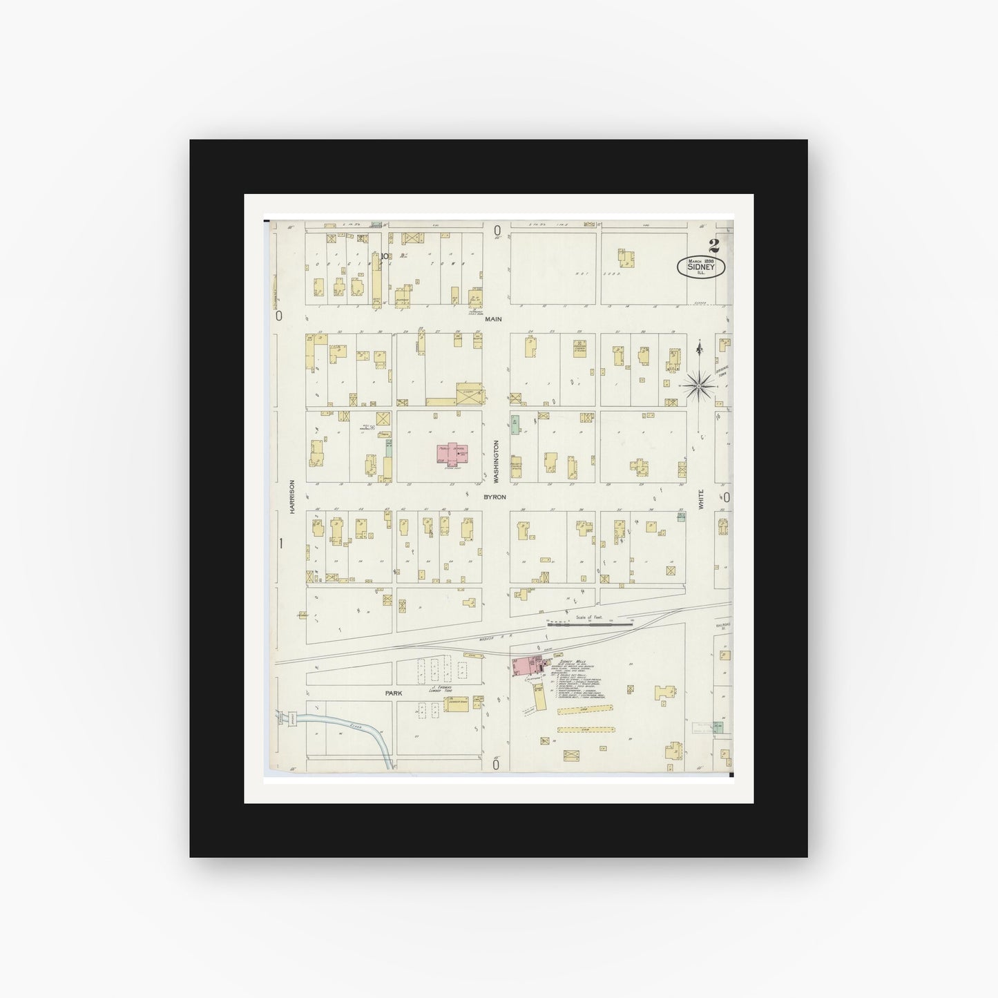 Old map wall art mockup — black gallery frame with white mat — Sanborn Fire Insurance Map from Sidney, Champaign County, Illinois (1898), Sheet #0002