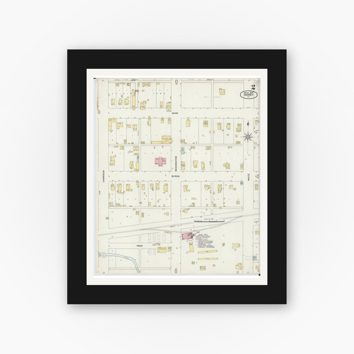 Old map wall art mockup — black gallery frame with white mat — Sanborn Fire Insurance Map from Sidney, Champaign County, Illinois (1898), Sheet #0002