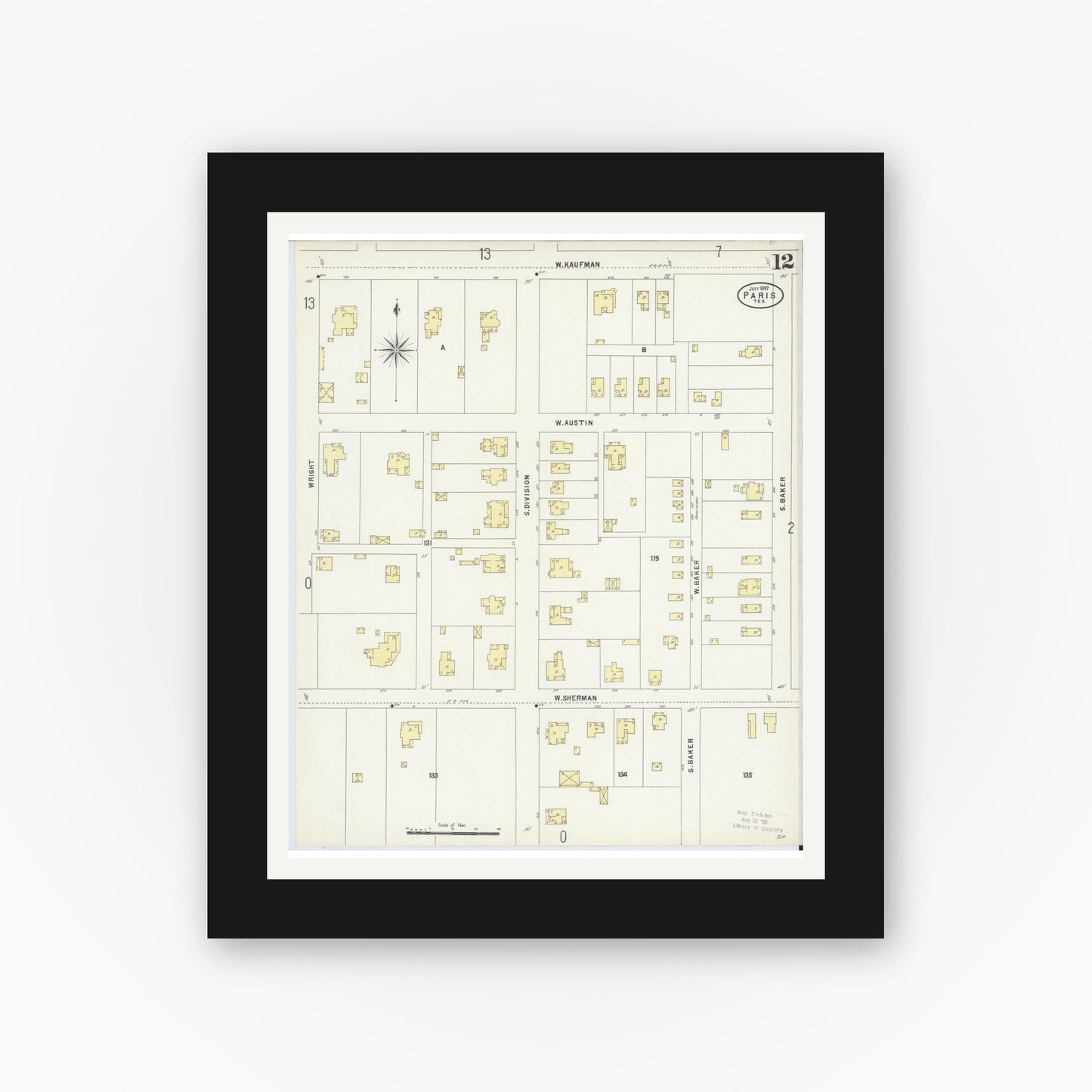 Old map wall art mockup — black gallery frame with white mat — Sanborn Fire Insurance Map from Paris, Lamar County, Texas (1897), Sheet #0012