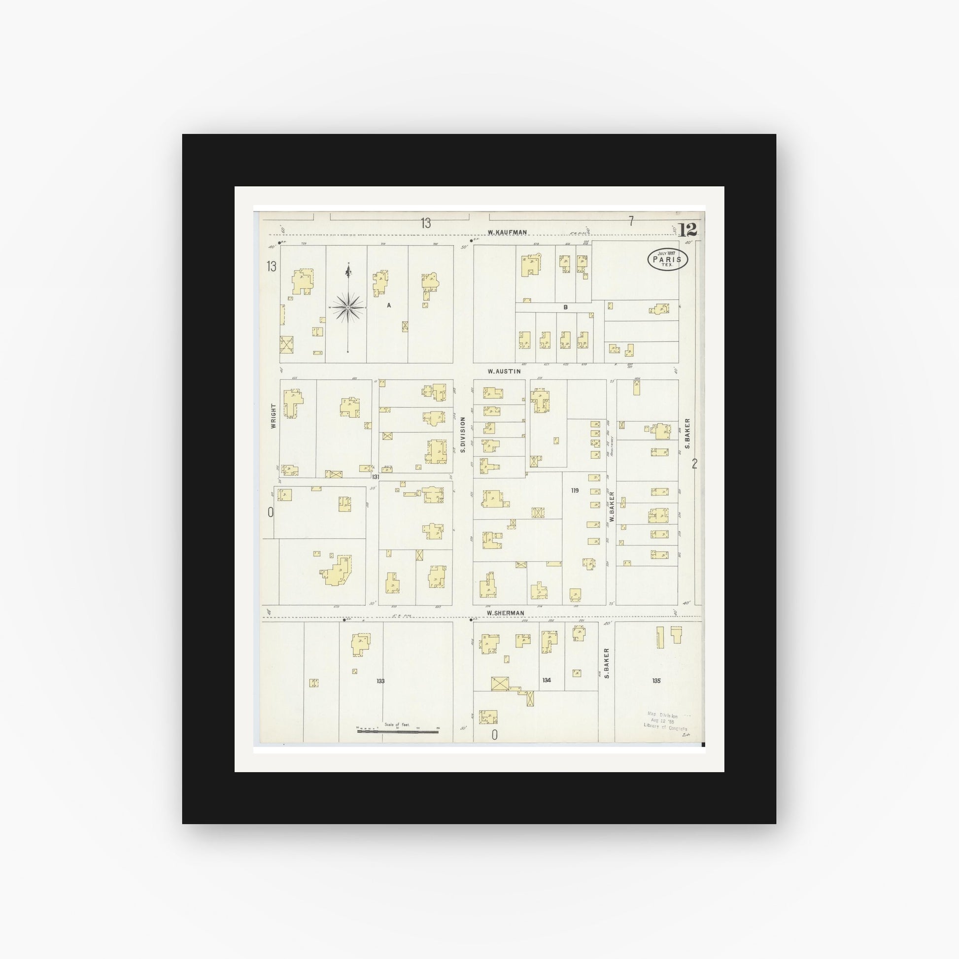 Old map wall art mockup — black gallery frame with white mat — Sanborn Fire Insurance Map from Paris, Lamar County, Texas (1897), Sheet #0012