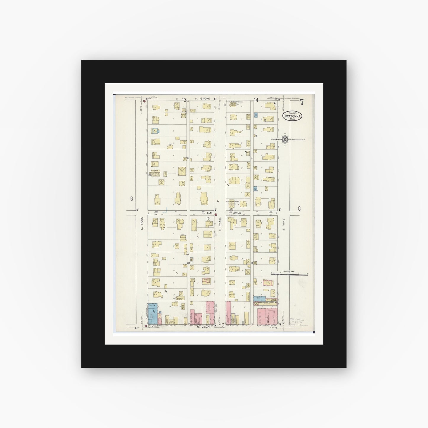 Old map wall art mockup — black gallery frame with white mat — Sanborn Fire Insurance Map from Owatonna, Steele County, Minnesota (1915), Sheet #0007