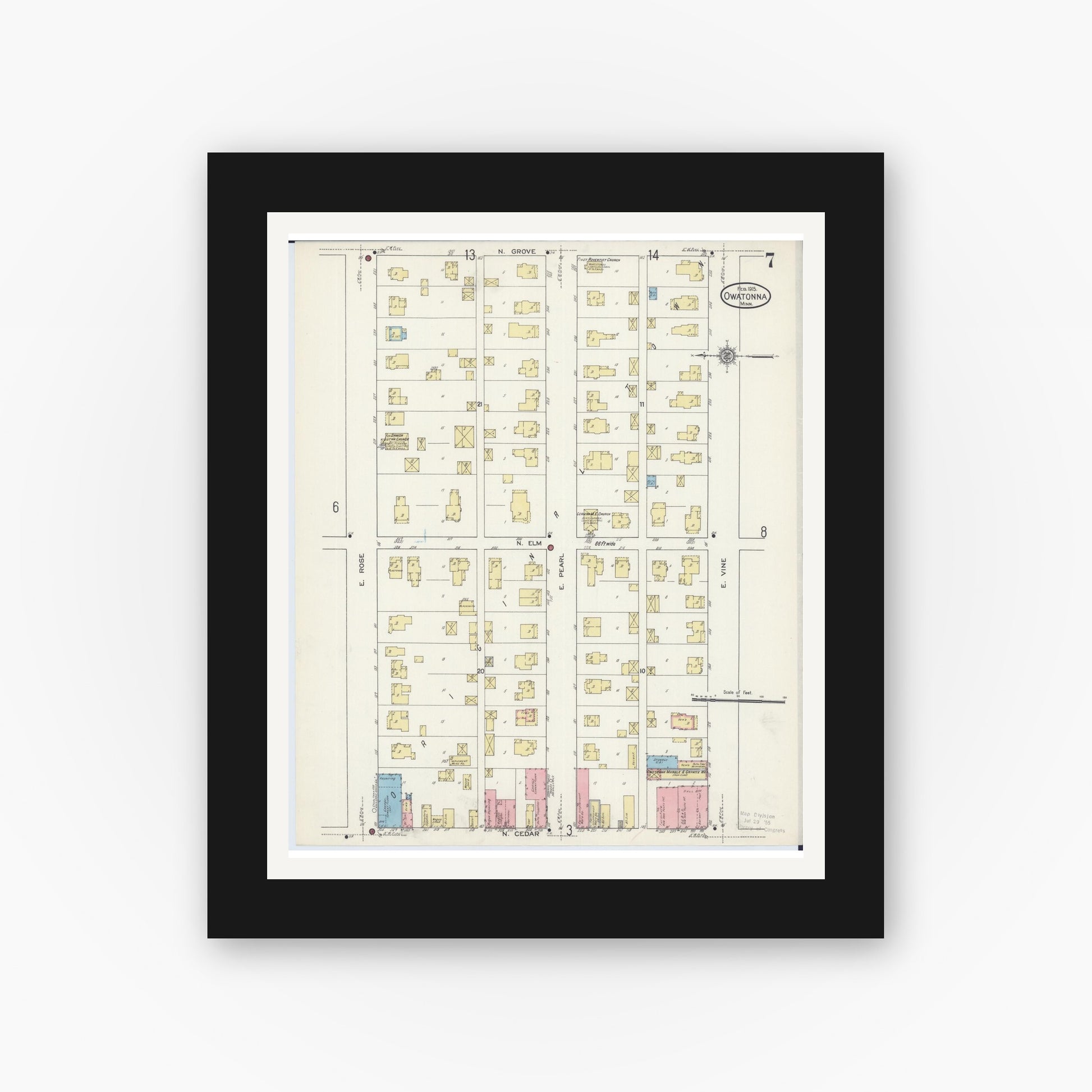 Old map wall art mockup — black gallery frame with white mat — Sanborn Fire Insurance Map from Owatonna, Steele County, Minnesota (1915), Sheet #0007