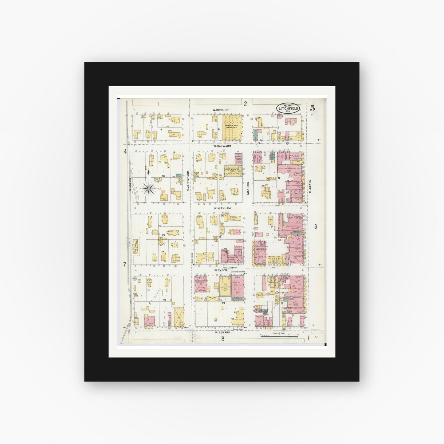 Old map wall art mockup — black gallery frame with white mat — Sanborn Fire Insurance Map from Litchfield, Montgomery County, Illinois (1905), Sheet #0005