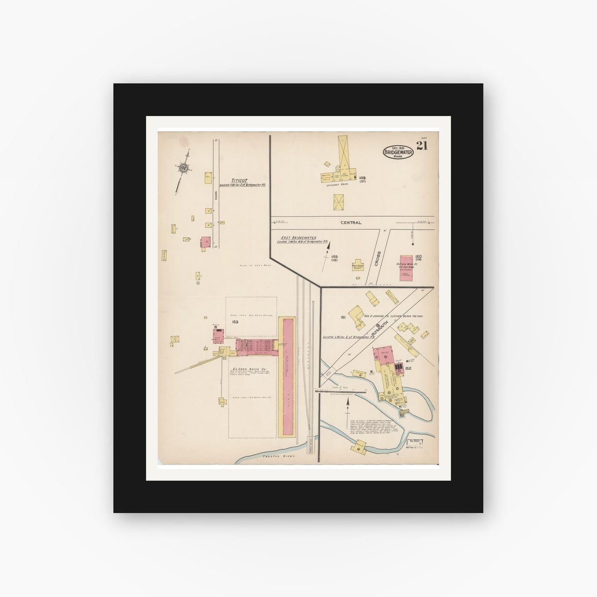 Old map wall art mockup — black gallery frame with white mat — Sanborn Fire Insurance Map from Bridgewater, Plymouth County, Massachusetts (1921), Sheet #0021