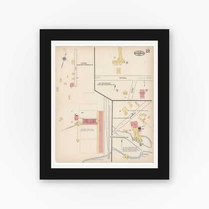 Old map wall art mockup — black gallery frame with white mat — Sanborn Fire Insurance Map from Bridgewater, Plymouth County, Massachusetts (1921), Sheet #0021