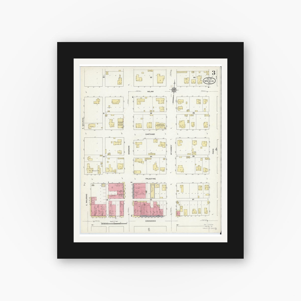 Old map wall art mockup — black gallery frame with white mat — Sanborn Fire Insurance Map from Mexia, Limestone County, Texas (1911), Sheet #0003