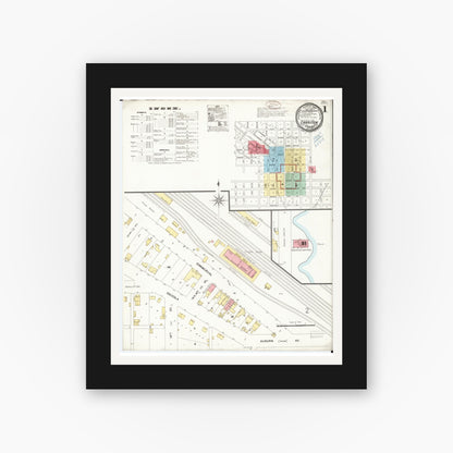 Old map wall art mockup — black gallery frame with white mat — Sanborn Fire Insurance Map from Chariton, Lucas County, Iowa (1899) â€” Complete Set