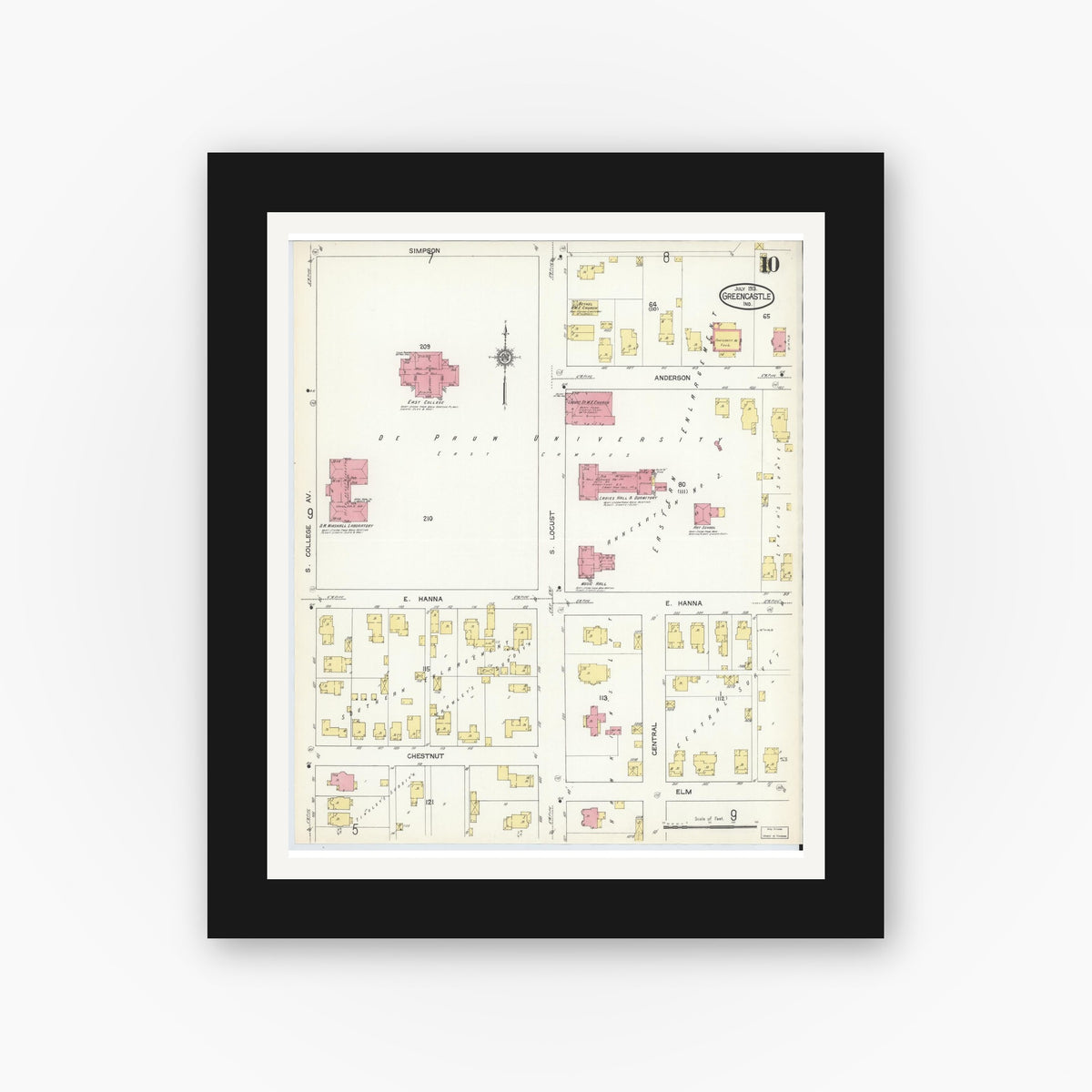 Old map wall art mockup — black gallery frame with white mat — Sanborn Fire Insurance Map from Greencastle, Putnam County, Indiana (1913), Sheet #0010