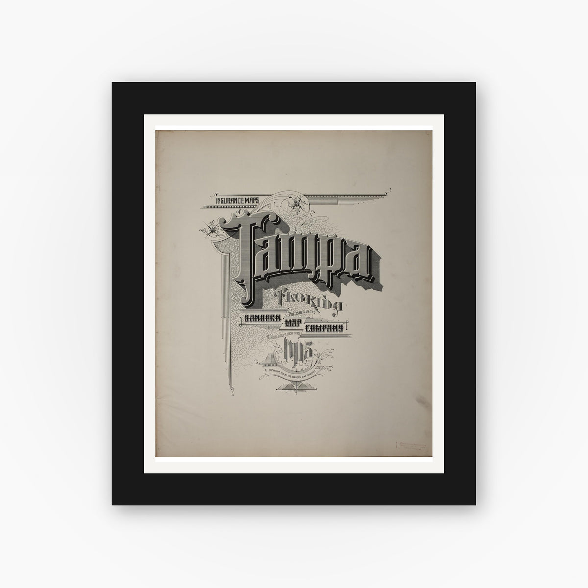 Old map wall art mockup — black gallery frame with white mat — Sanborn Fire Insurance Map from Tampa, Hillsborough County, Florida (1915), Sheet #0001
