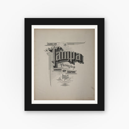 Old map wall art mockup — black gallery frame with white mat — Sanborn Fire Insurance Map from Tampa, Hillsborough County, Florida (1915), Sheet #0001