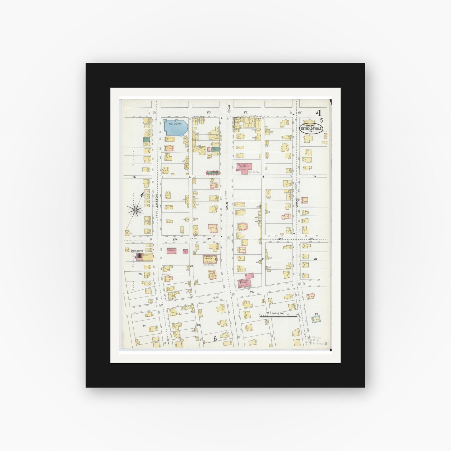 Old map wall art mockup — black gallery frame with white mat — Sanborn Fire Insurance Map from Reynoldsville, Jefferson County, Pennsylvania (1906), Sheet #0004