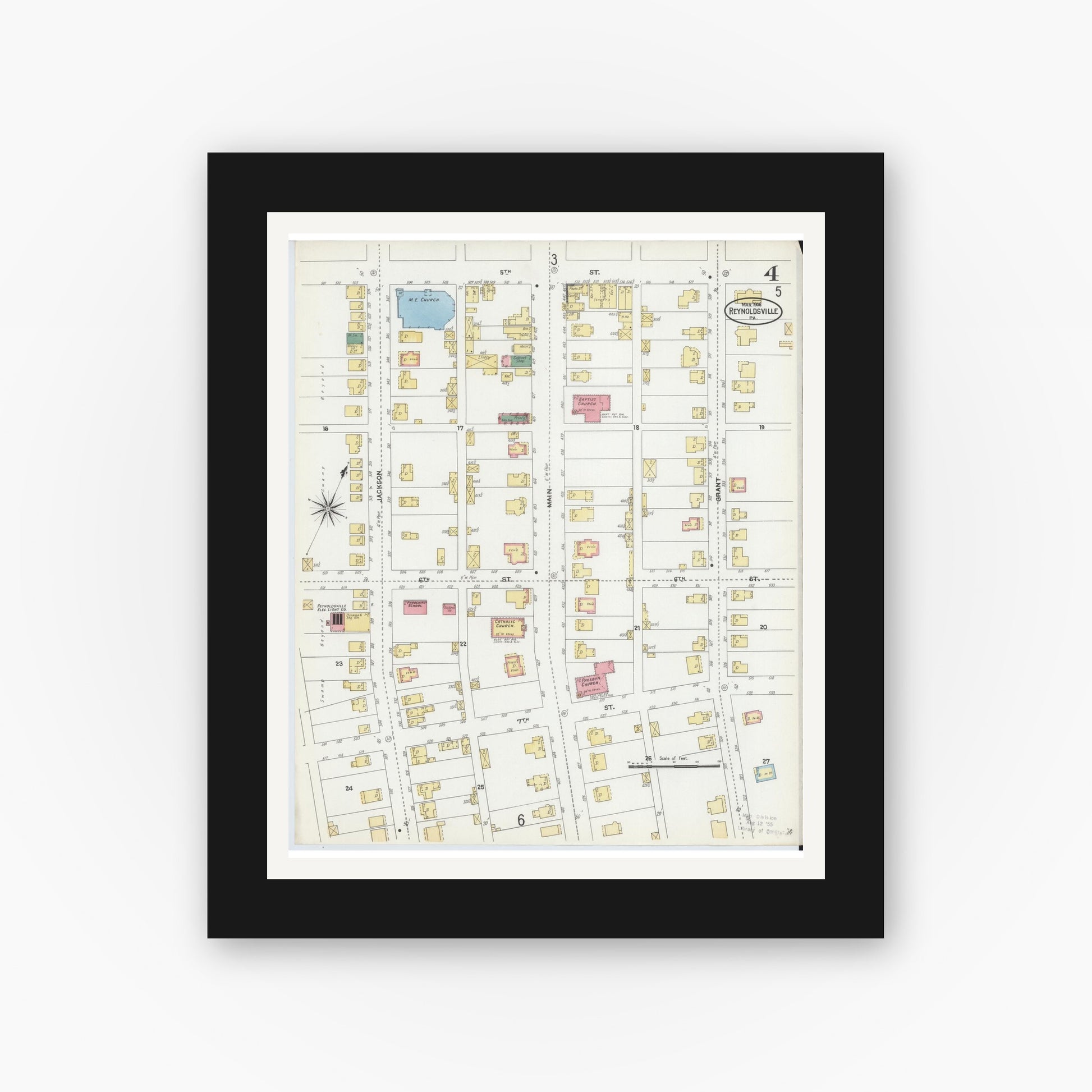 Old map wall art mockup — black gallery frame with white mat — Sanborn Fire Insurance Map from Reynoldsville, Jefferson County, Pennsylvania (1906), Sheet #0004