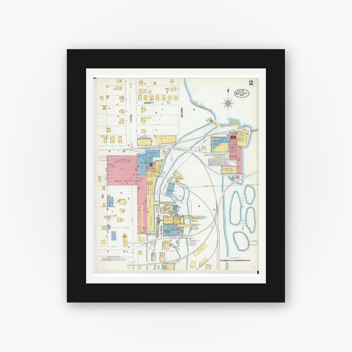 Old map wall art mockup — black gallery frame with white mat — Sanborn Fire Insurance Map from Beloit, Rock County, Wisconsin (1902), Sheet #0002