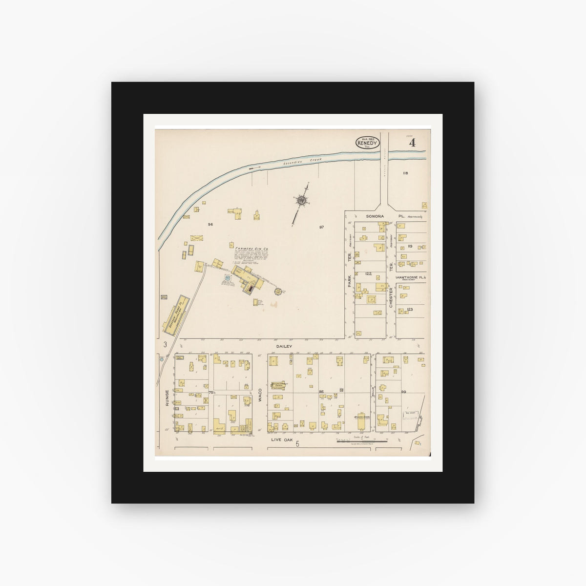 Old map wall art mockup — black gallery frame with white mat — Sanborn Fire Insurance Map from Kenedy, Karnes County, Texas (1922), Sheet #0004