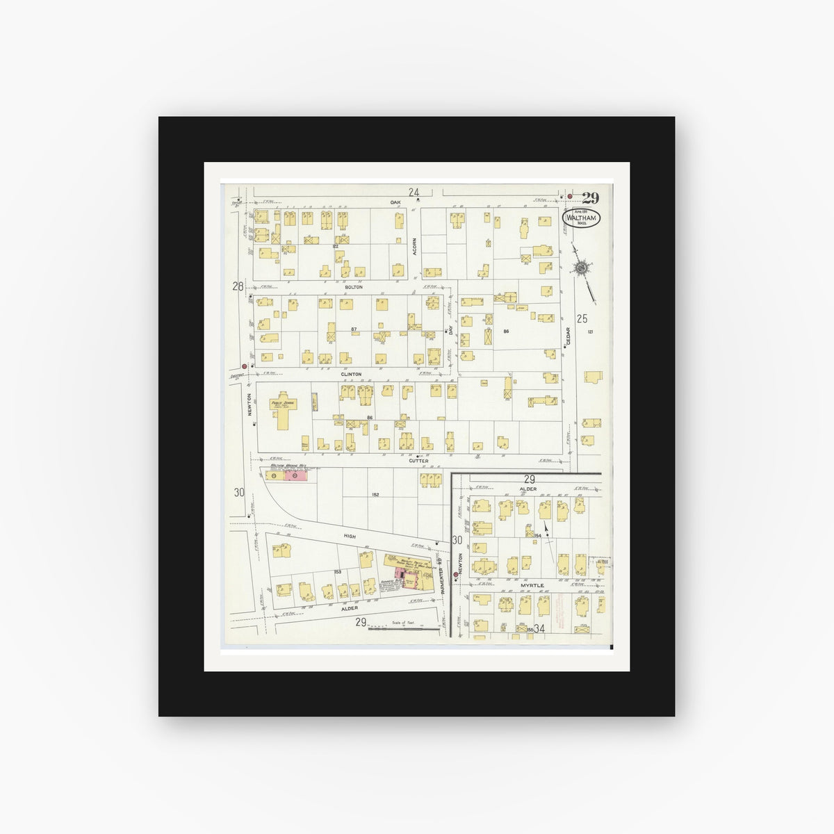 Old map wall art mockup — black gallery frame with white mat — Sanborn Fire Insurance Map from Waltham, Middlesex County, Massachusetts (1911), Sheet #0029