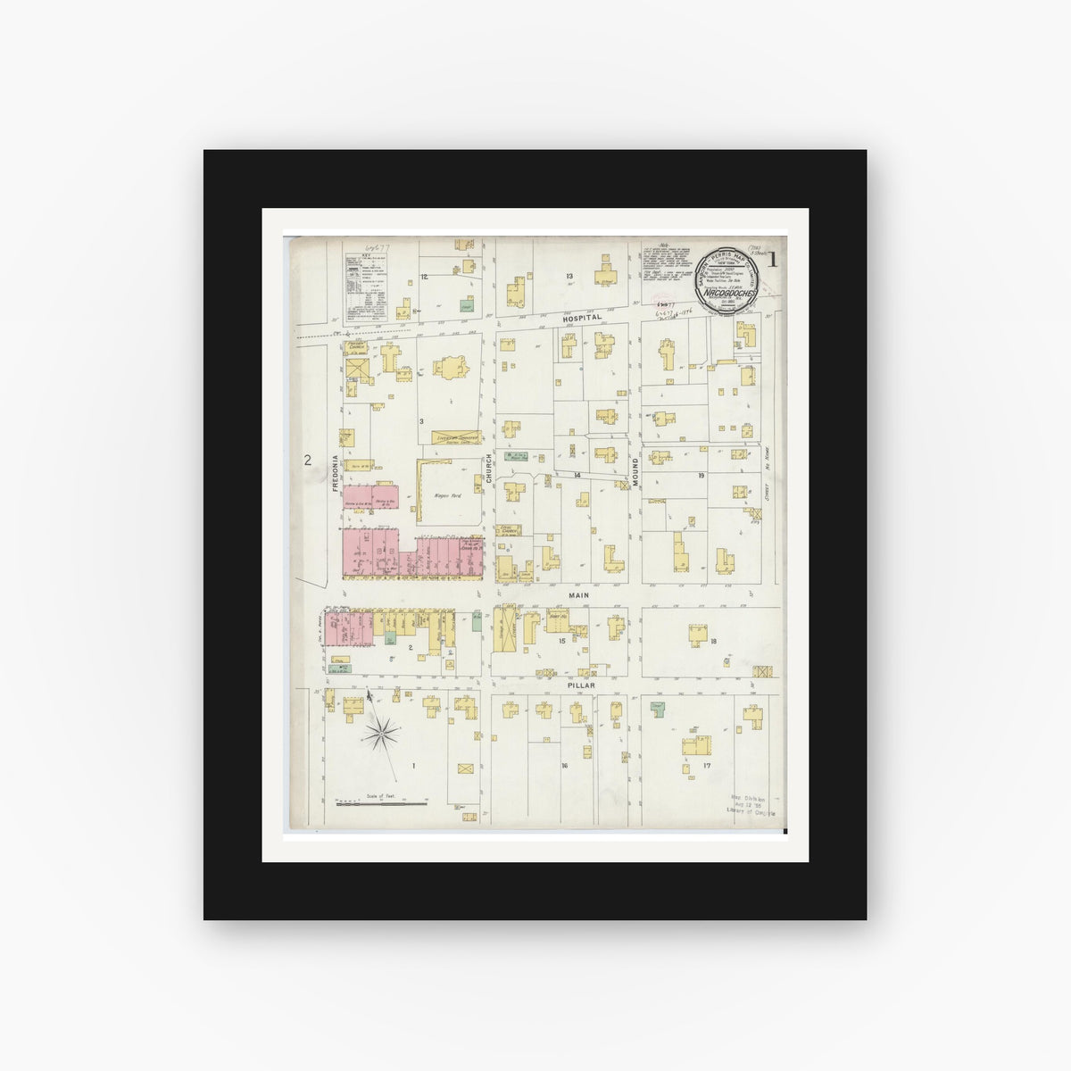 Old map wall art mockup — black gallery frame with white mat — Sanborn Fire Insurance Map from Nacogdoches, Nacogdoches County, Texas (1896), Sheet #0001