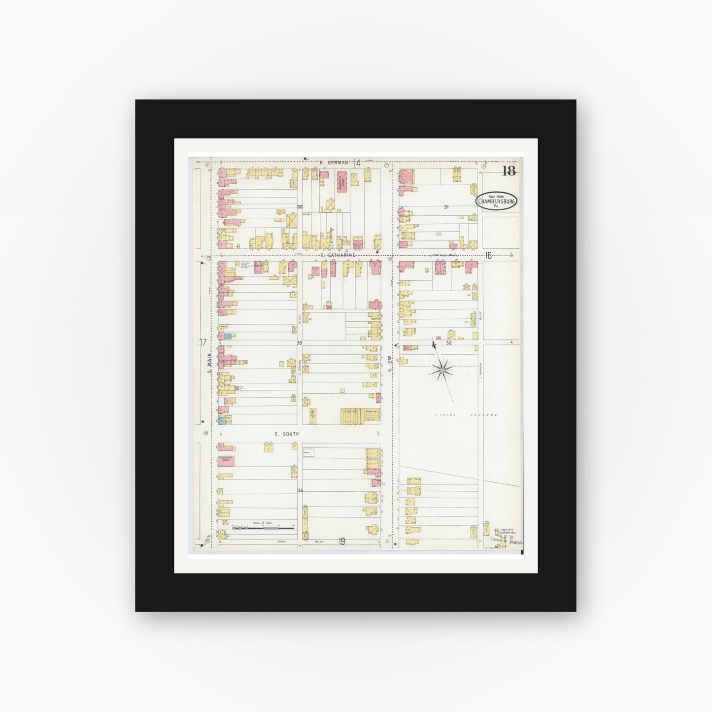 Old map wall art mockup — black gallery frame with white mat — Sanborn Fire Insurance Map from Chambersburg, Franklin County, Pennsylvania (1904), Sheet #0018