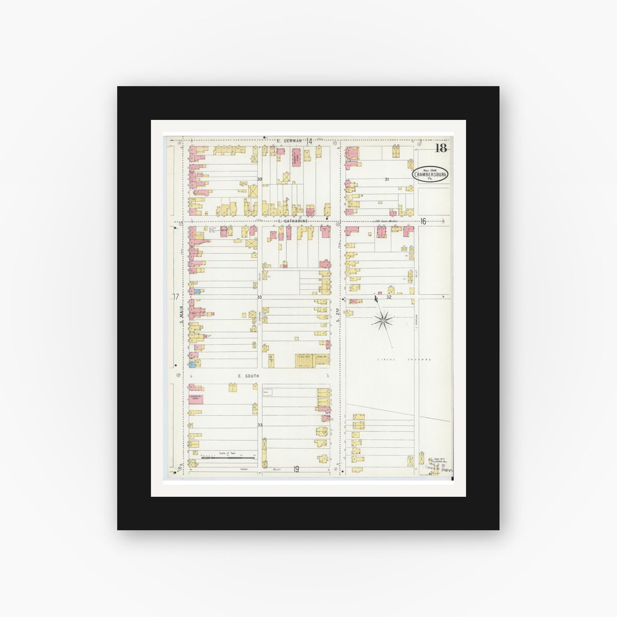 Old map wall art mockup — black gallery frame with white mat — Sanborn Fire Insurance Map from Chambersburg, Franklin County, Pennsylvania (1904), Sheet #0018