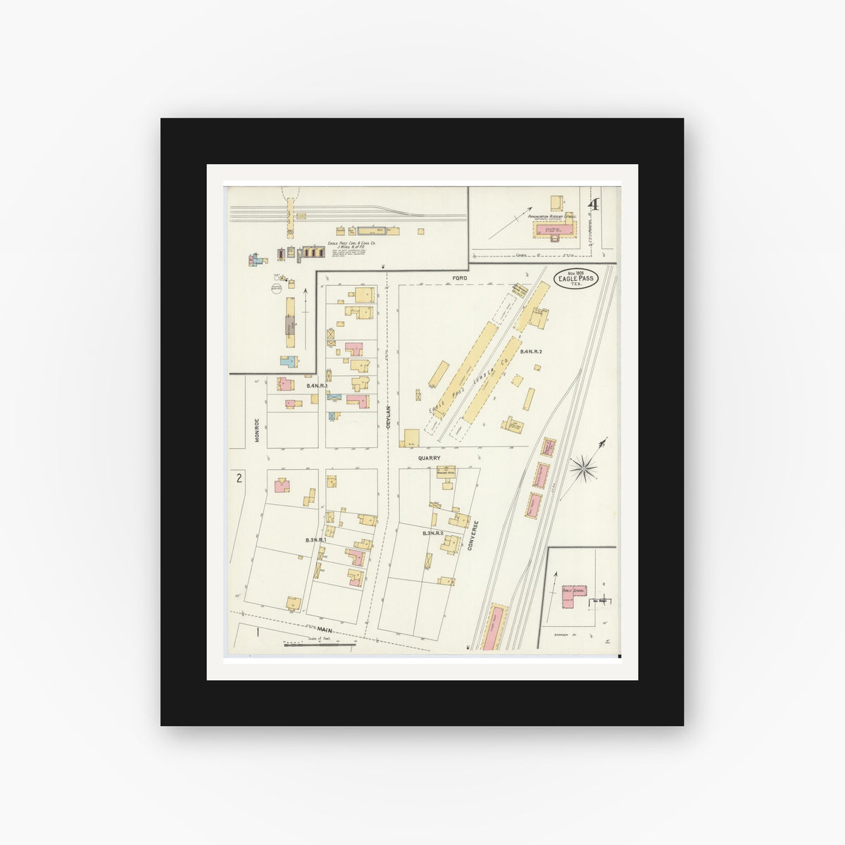 Old map wall art mockup — black gallery frame with white mat — Sanborn Fire Insurance Map from Eagle Pass, Maverick County, Texas (1905), Sheet #0004