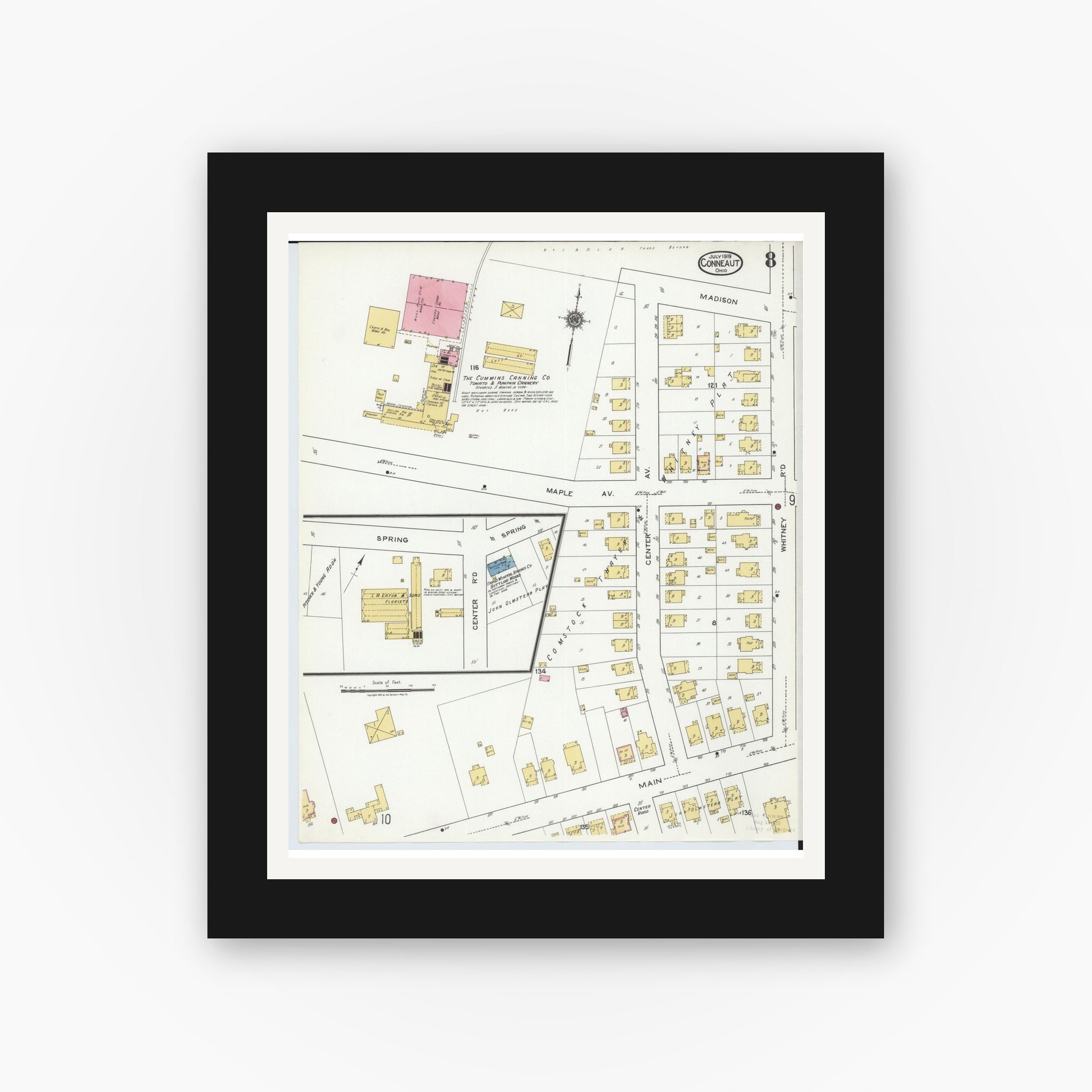 Old map wall art mockup — black gallery frame with white mat — Sanborn Fire Insurance Map from Conneaut, Ashtabula County, Ohio (1919), Sheet #0008