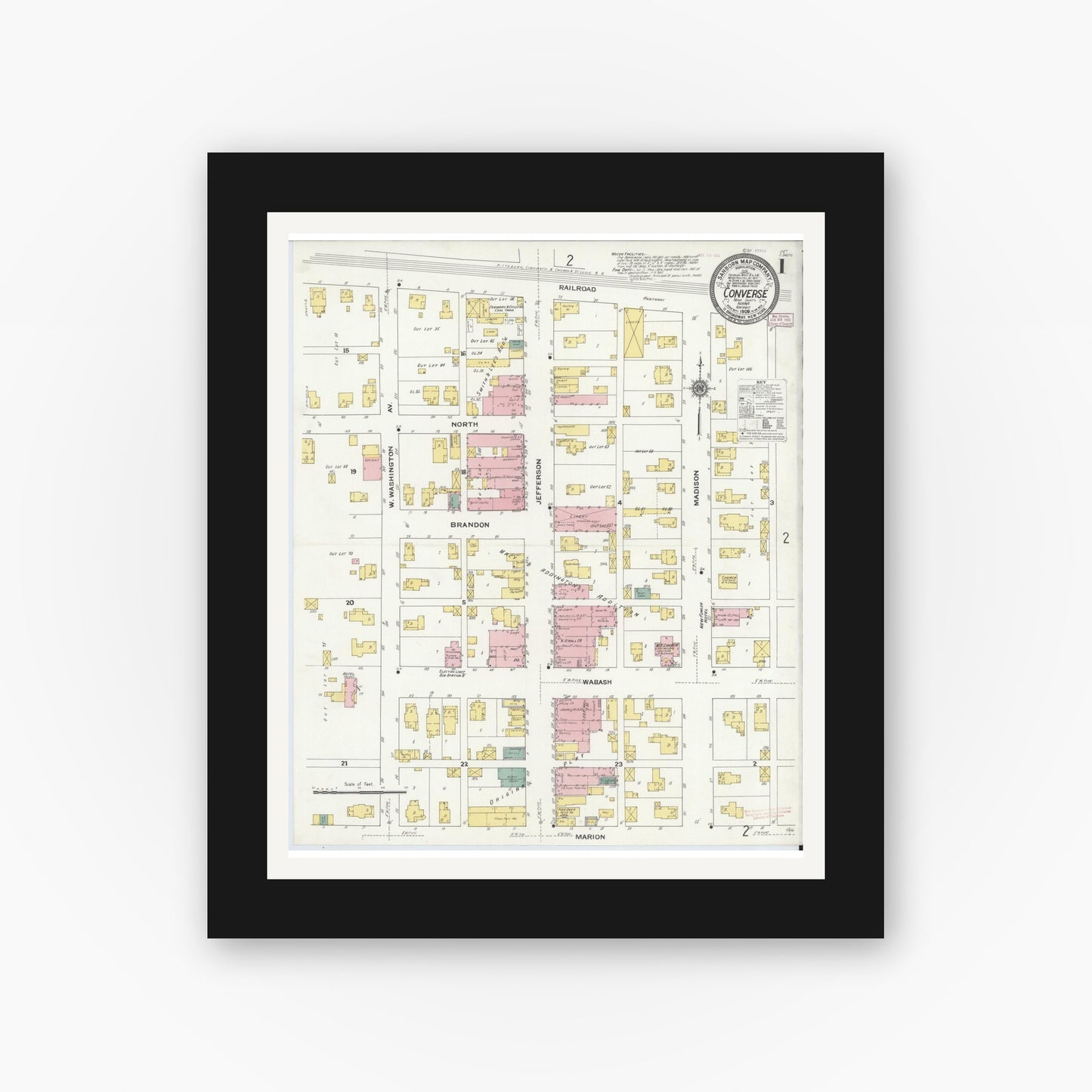 Old map wall art mockup — black gallery frame with white mat — Sanborn Fire Insurance Map from Converse, Miami County, Indiana (1909), Sheet #0001