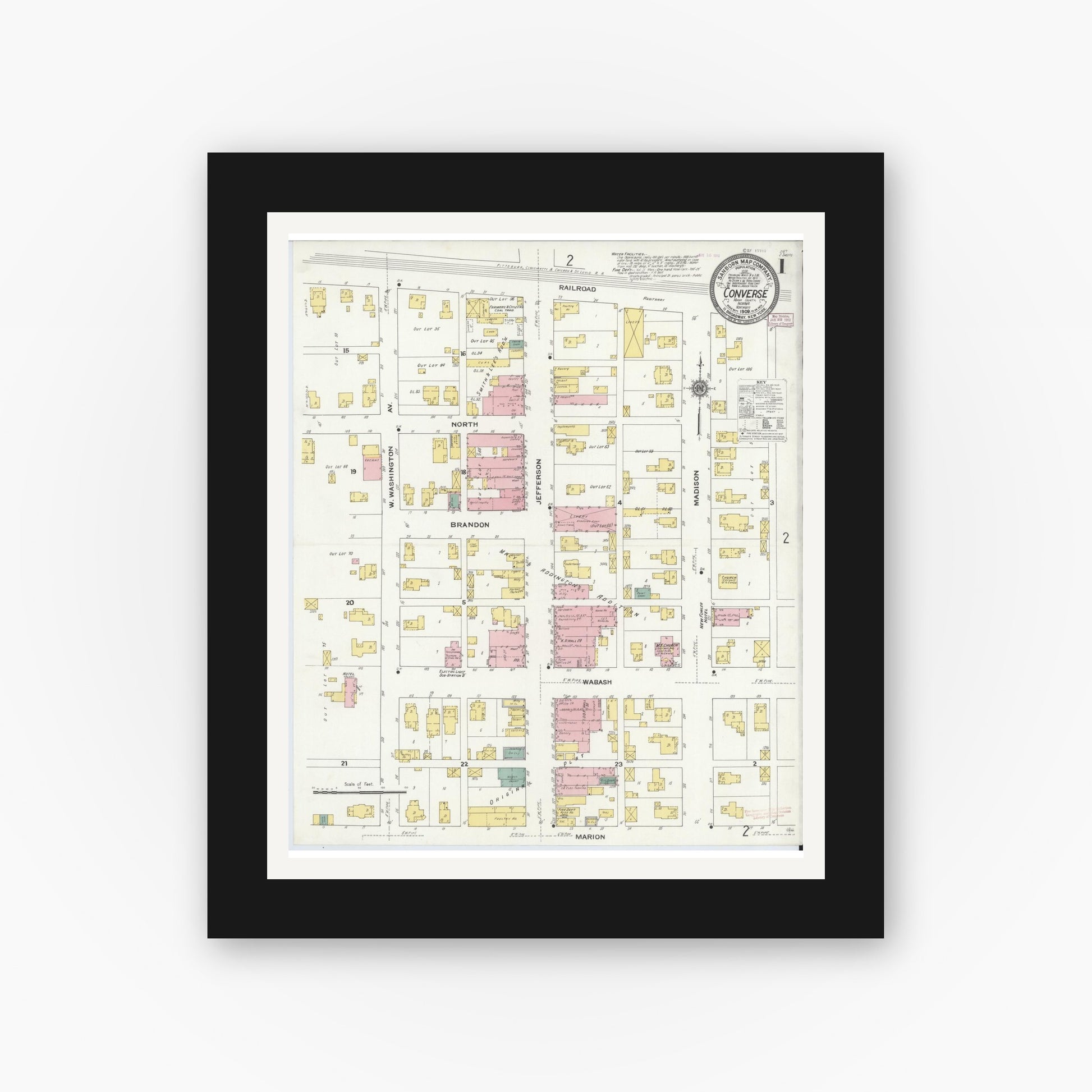 Old map wall art mockup — black gallery frame with white mat — Sanborn Fire Insurance Map from Converse, Miami County, Indiana (1909), Sheet #0001