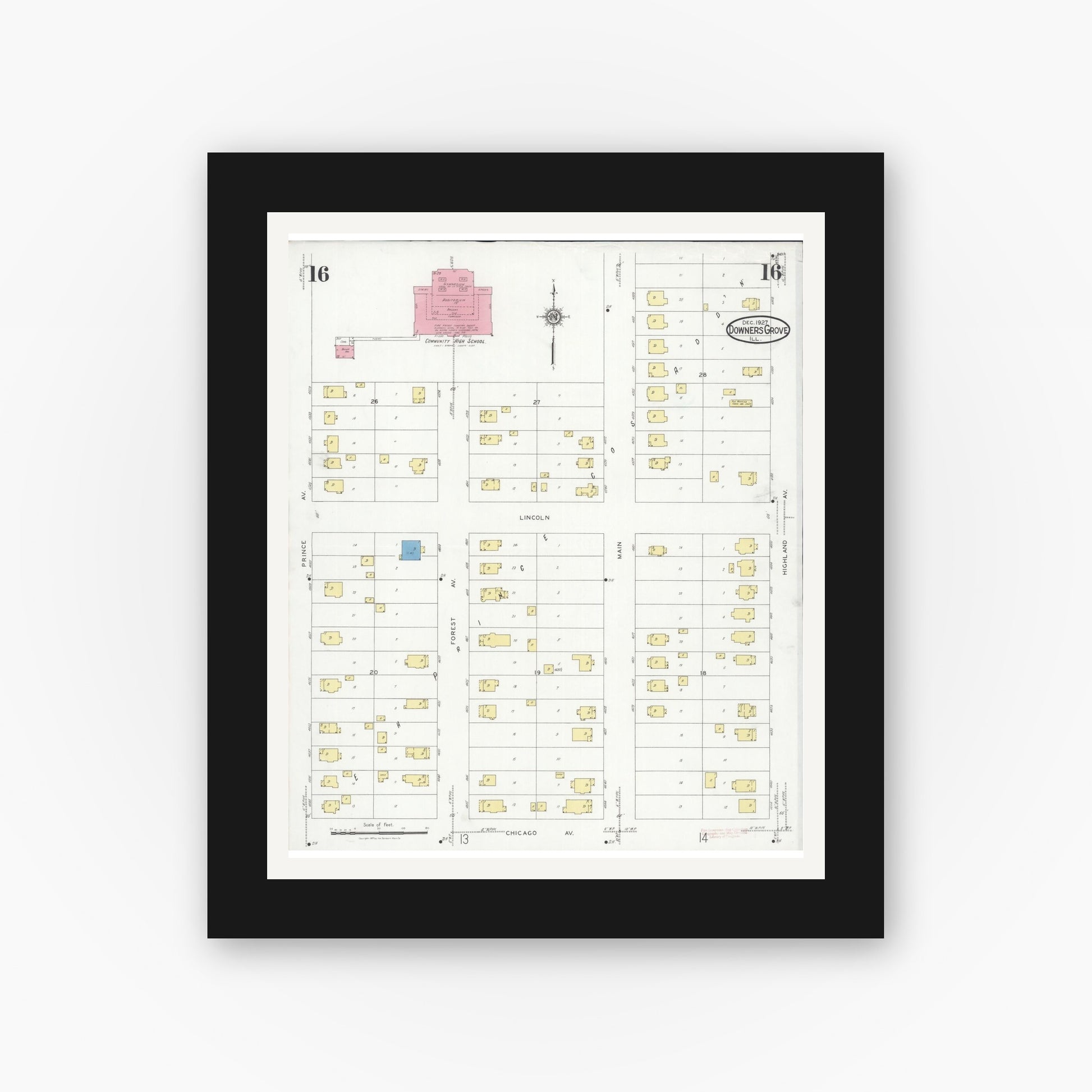 Old map wall art mockup — black gallery frame with white mat — Sanborn Fire Insurance Map from Downers Grove, Dupage County, Illinois (1927), Sheet #0016