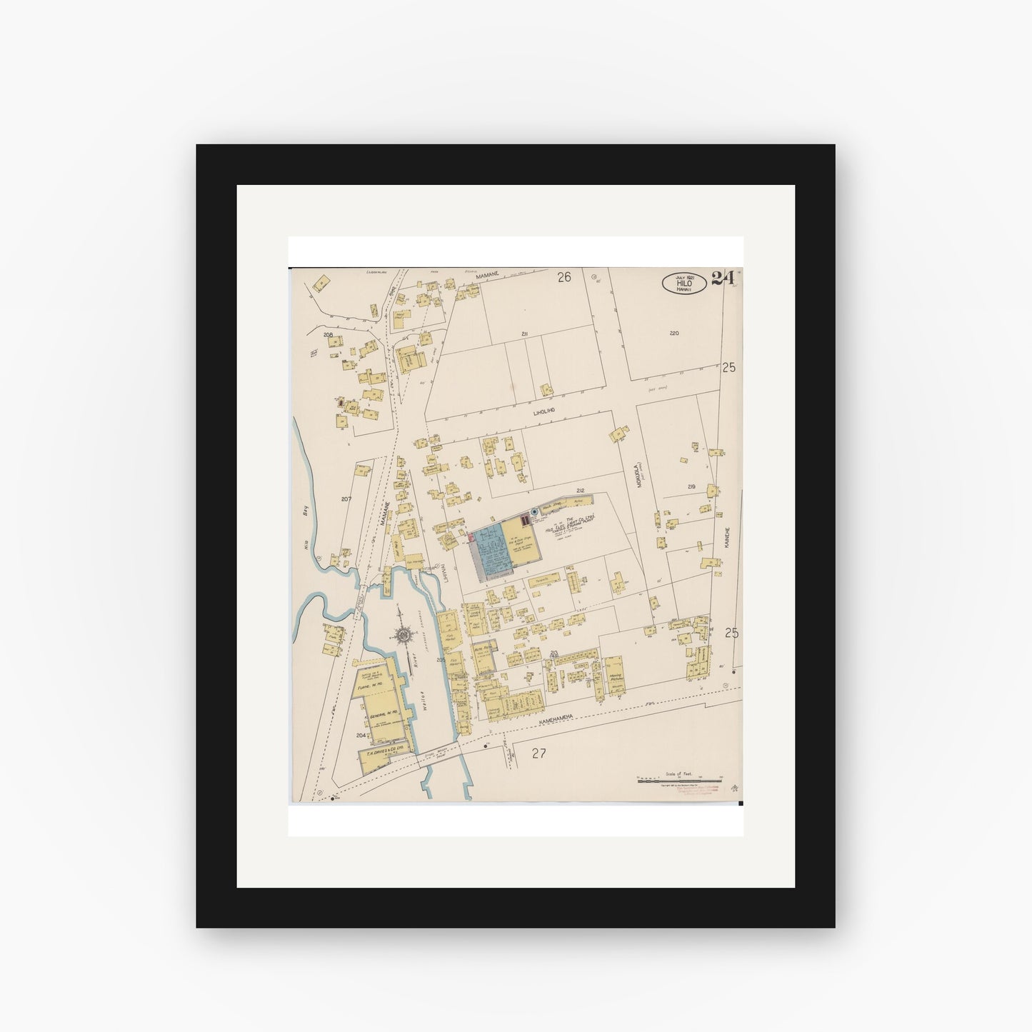 Old map wall art mockup — black gallery frame with white mat — Sanborn Fire Insurance Map from Hilo, Hawaii County, Hawaii (1921), Sheet #0024