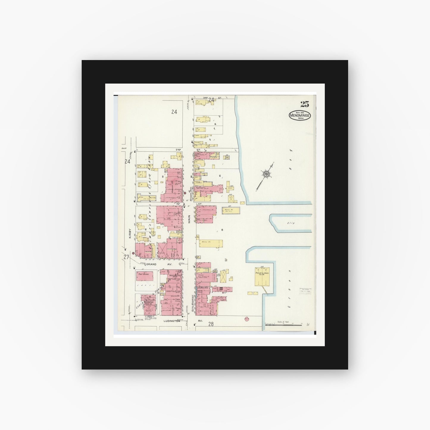 Old map wall art mockup — black gallery frame with white mat — Sanborn Fire Insurance Map from Menominee, Menominee County, Michigan (1913), Sheet #0025