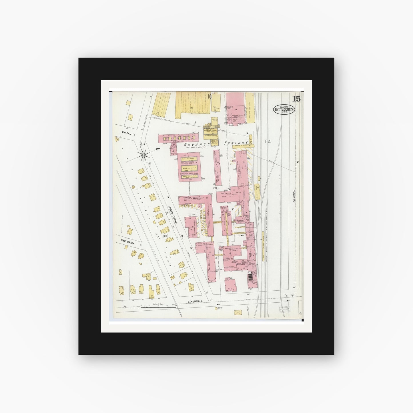 Old map wall art mockup — black gallery frame with white mat — Sanborn Fire Insurance Map from Battle Creek, Calhoun County, Michigan (1902), Sheet #0015