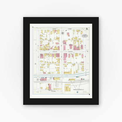 Old map wall art mockup — black gallery frame with white mat — Sanborn Fire Insurance Map from Franklin, Warren County, Ohio (1905), Sheet #0005