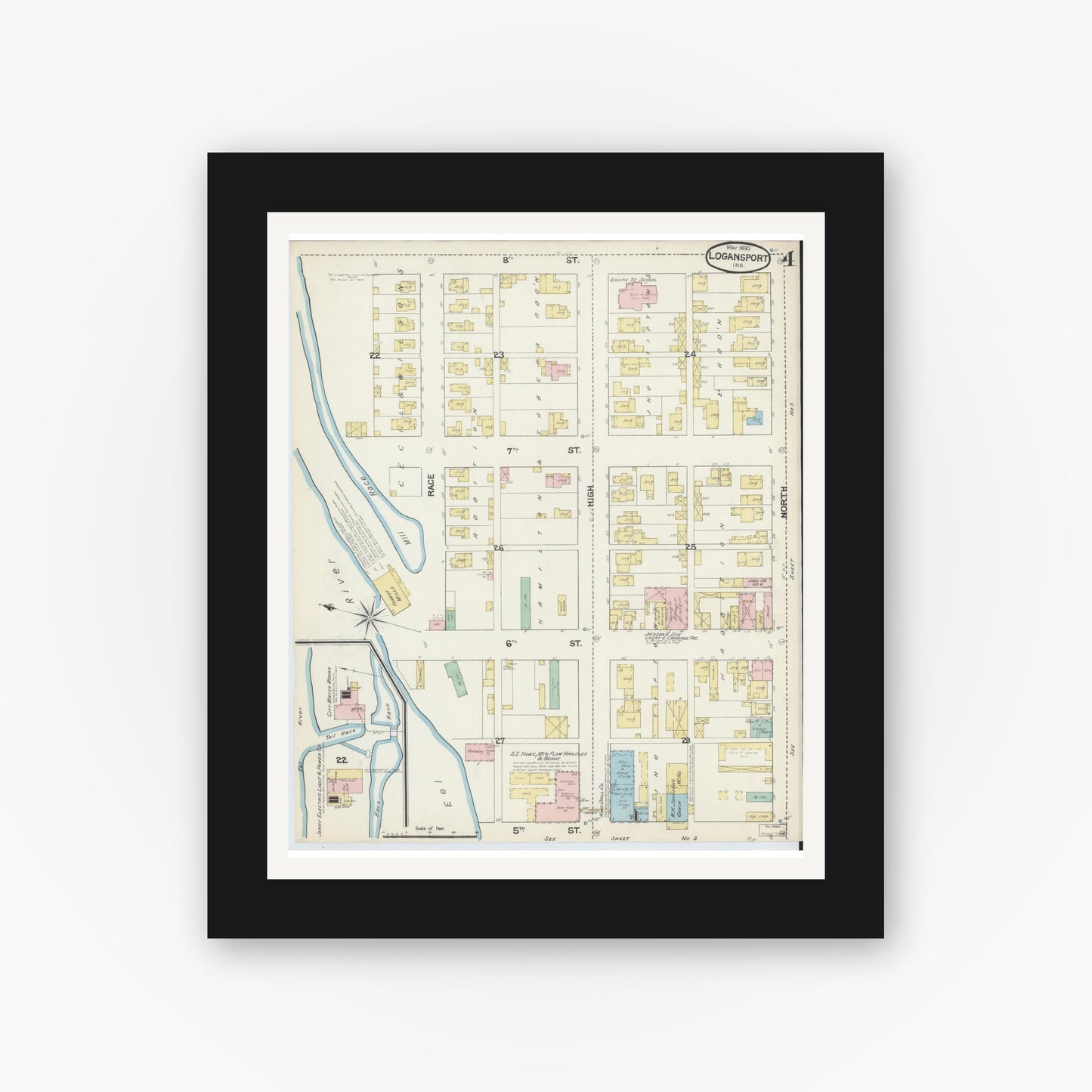 Old map wall art mockup — black gallery frame with white mat — Sanborn Fire Insurance Map from Logansport, Cass County, Indiana (1890), Sheet #0004