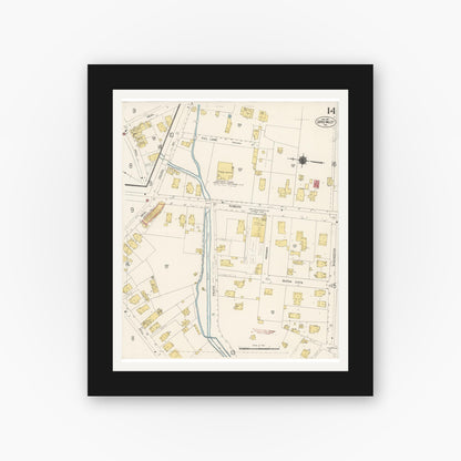 Old map wall art mockup — black gallery frame with white mat — Sanborn Fire Insurance Map from Grass Valley, Nevada County, California (1912), Sheet #0014