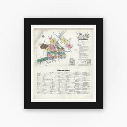 Old map wall art mockup — black gallery frame with white mat — Sanborn Fire Insurance Map from New Bern, Craven County, North Carolina (1924) - Complete Map Set