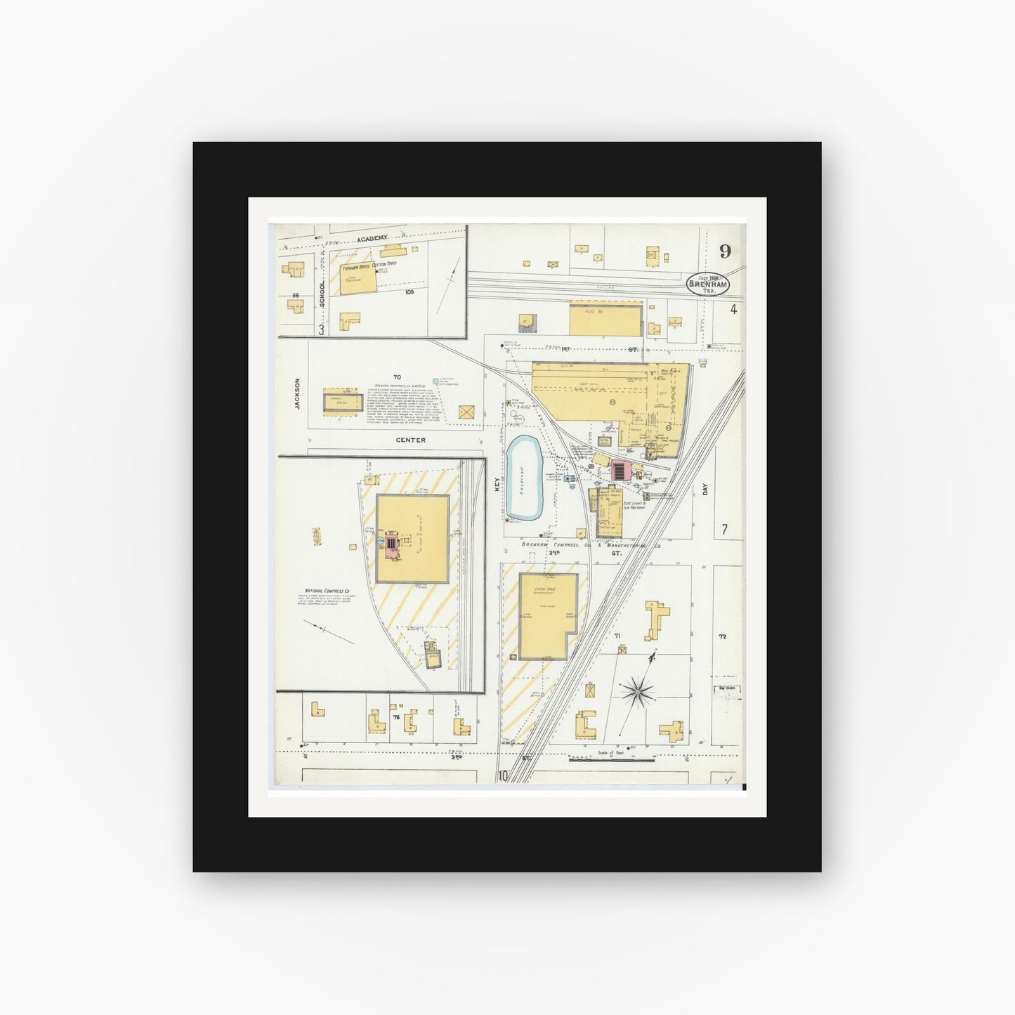 Old map wall art mockup — black gallery frame with white mat — Sanborn Fire Insurance Map from Brenham, Washington County, Texas (1906), Sheet #0009