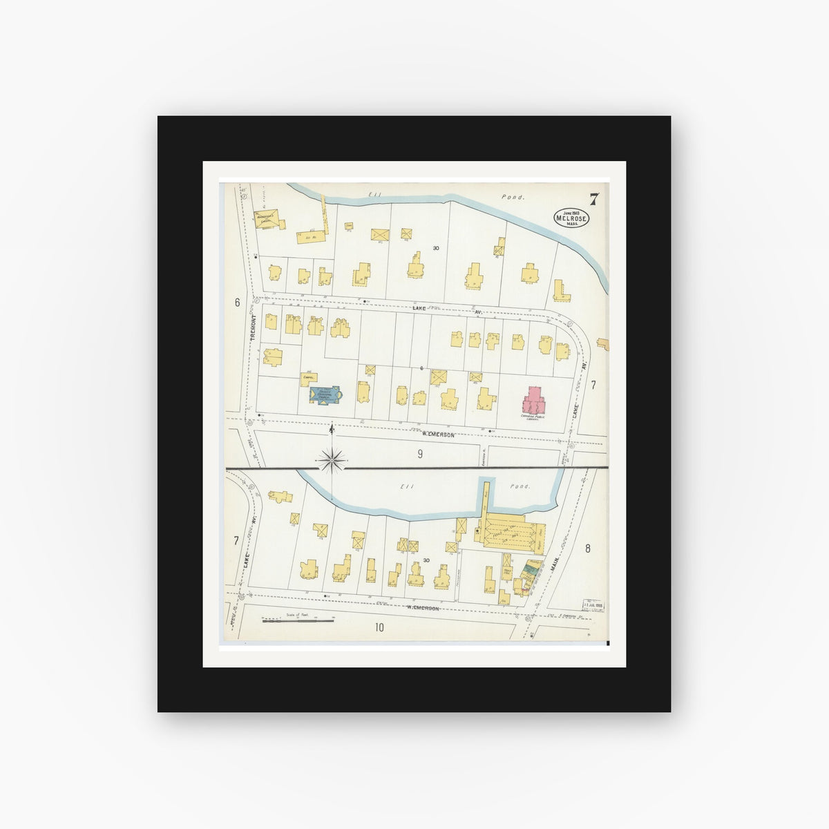Old map wall art mockup — black gallery frame with white mat — Sanborn Fire Insurance Map from Melrose, Middlesex County, Massachusetts (1903), Sheet #0007
