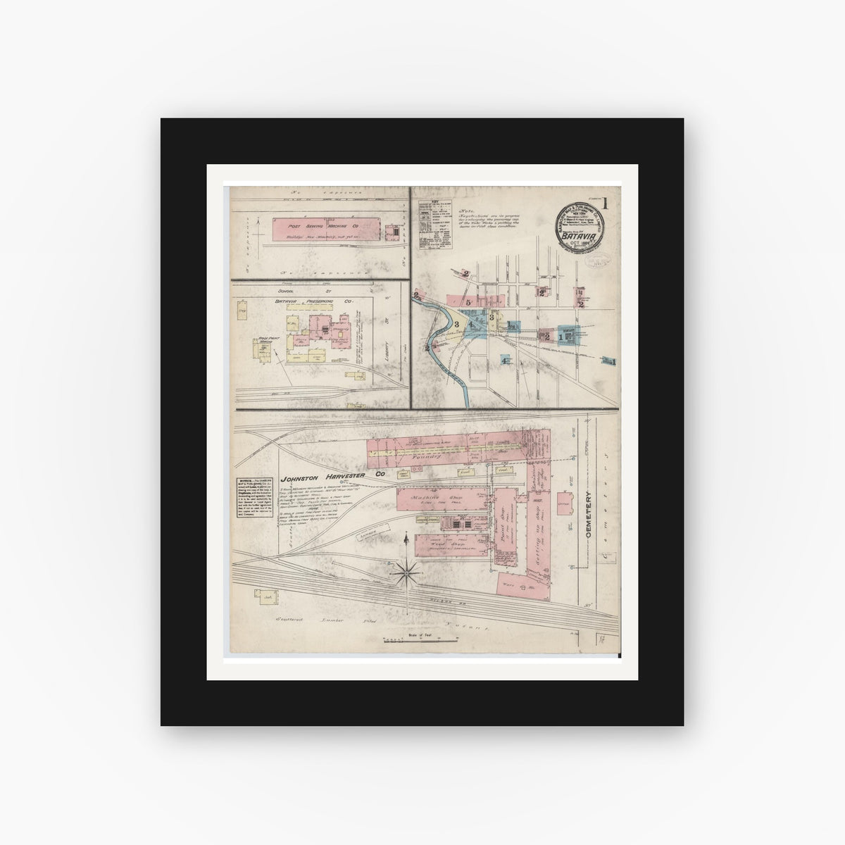 Old map wall art mockup — black gallery frame with white mat — Sanborn Fire Insurance Map from Batavia, Genesee County, New York (1884) - Complete Map Set