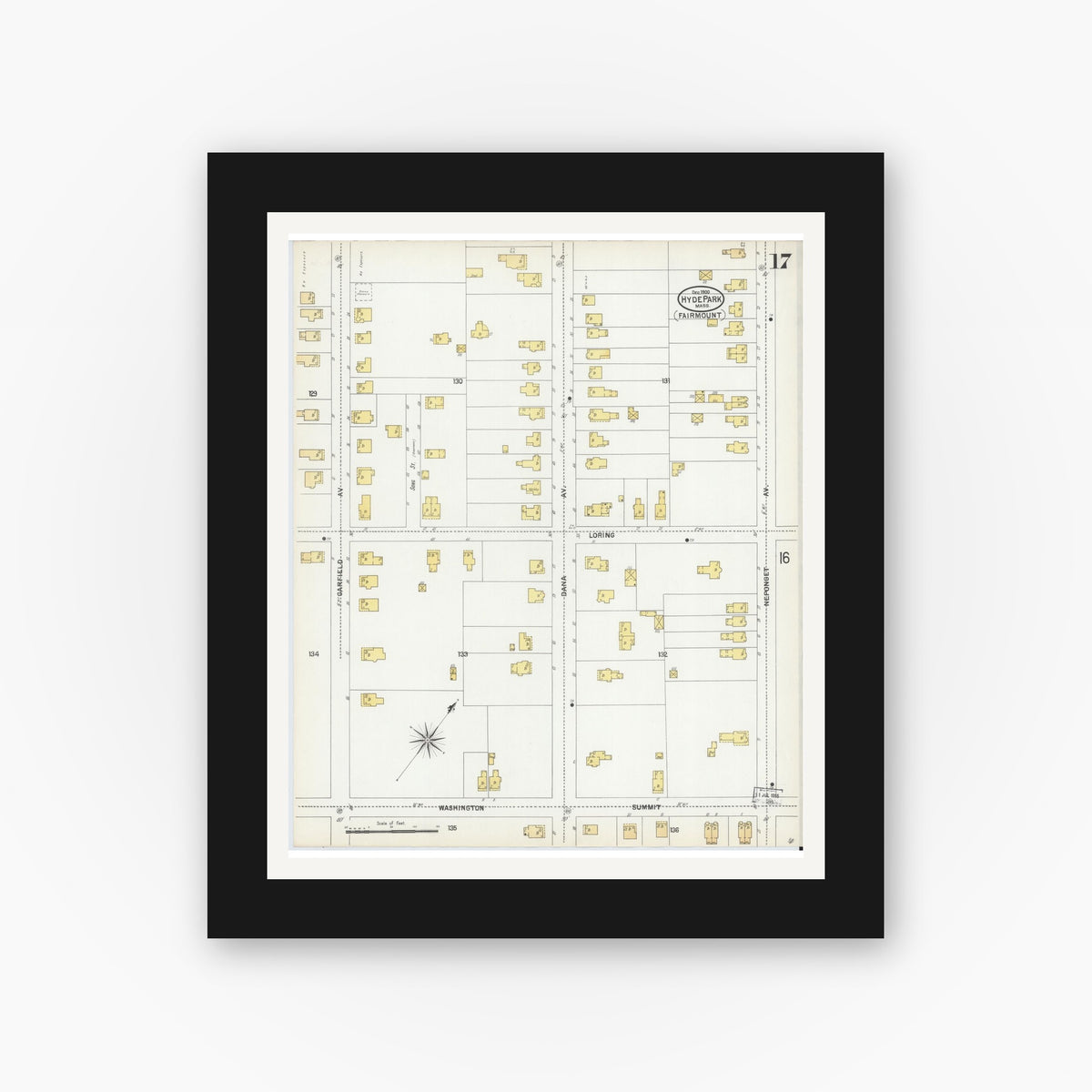 Old map wall art mockup — black gallery frame with white mat — Sanborn Fire Insurance Map from Hyde Park, Norfolk County, Massachusetts (1900), Sheet #0017