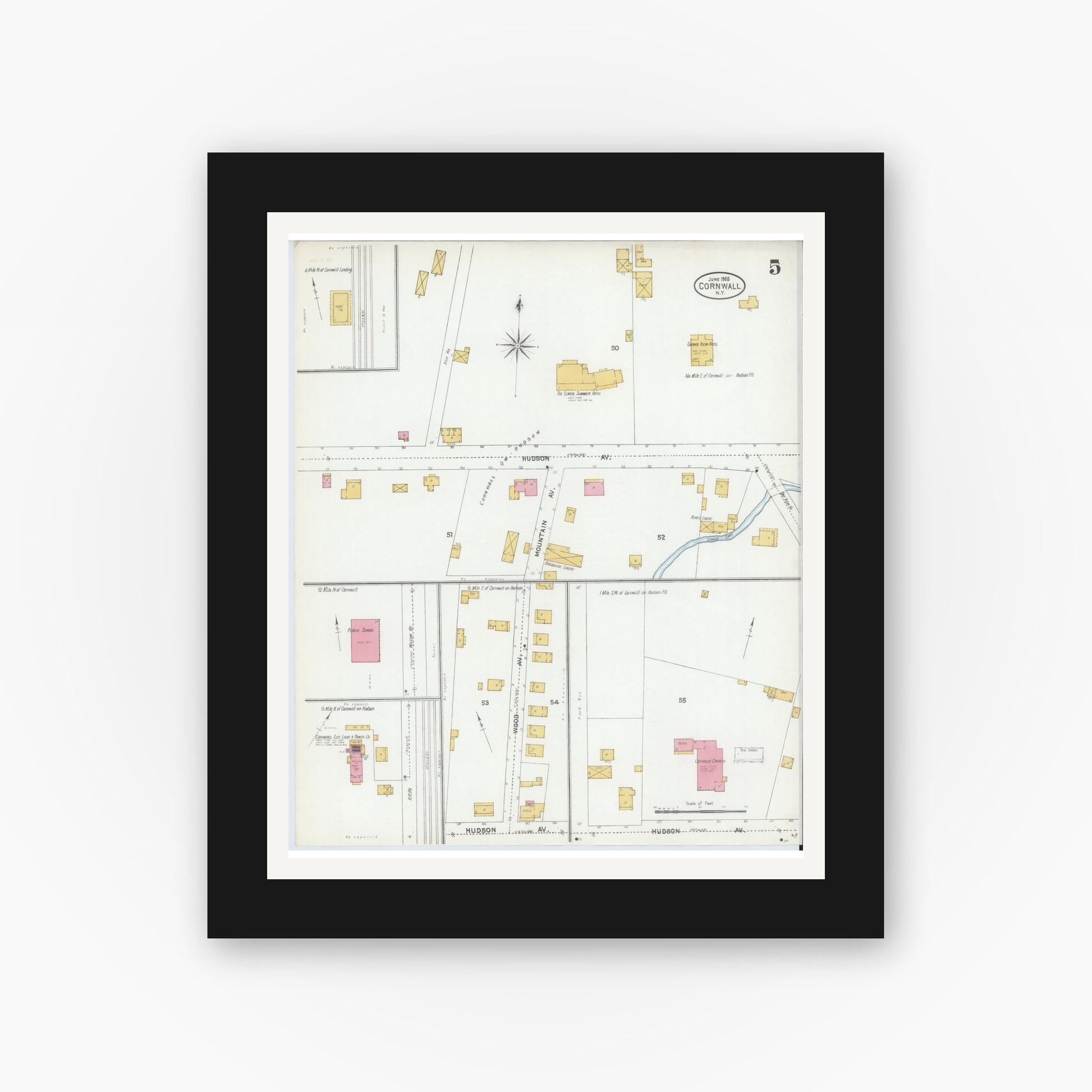 Old map wall art mockup — black gallery frame with white mat — Sanborn Fire Insurance Map from Cornwall, Orange County, New York (1905), Sheet #0005