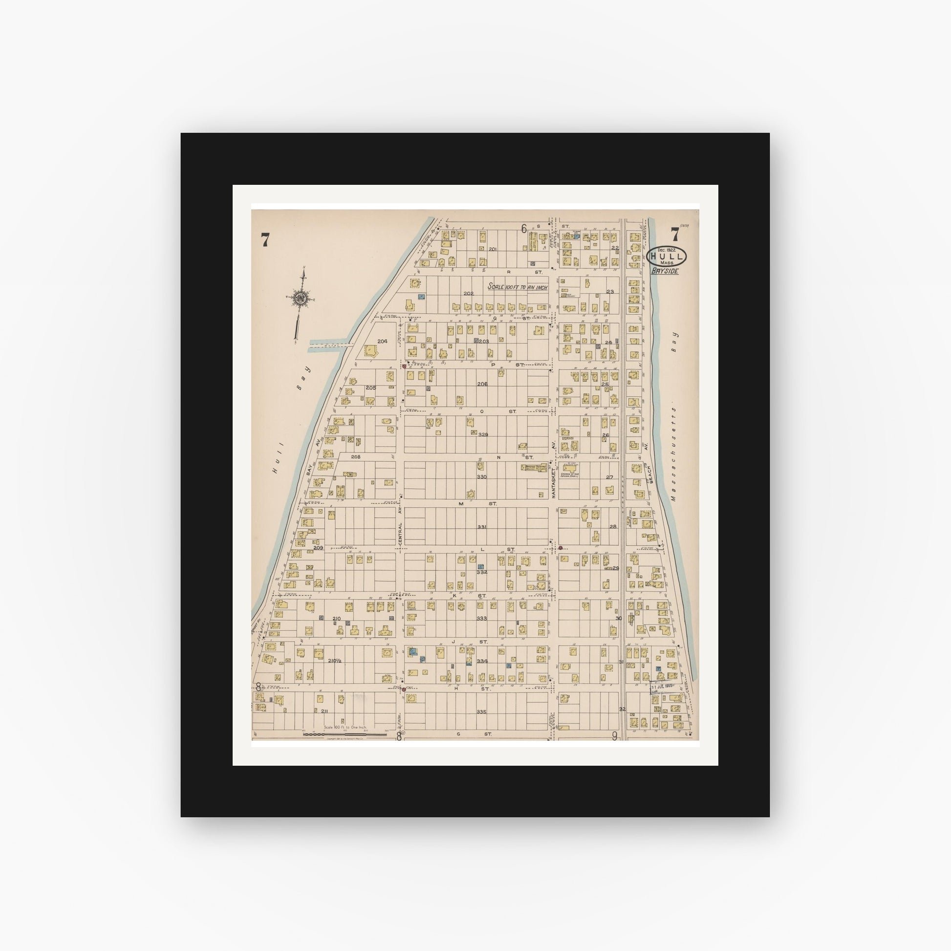 Old map wall art mockup — black gallery frame with white mat — Sanborn Fire Insurance Map from Hull, Plymouth County, Massachusetts (1922), Sheet #0007
