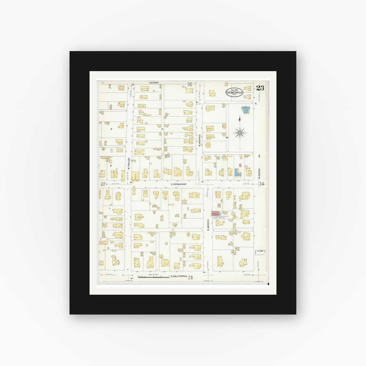 Old map wall art mockup — black gallery frame with white mat — Sanborn Fire Insurance Map from Gainesville, Cooke County, Texas (1908), Sheet #0023