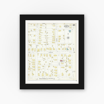 Old map wall art mockup — black gallery frame with white mat — Sanborn Fire Insurance Map from Gainesville, Cooke County, Texas (1908), Sheet #0023