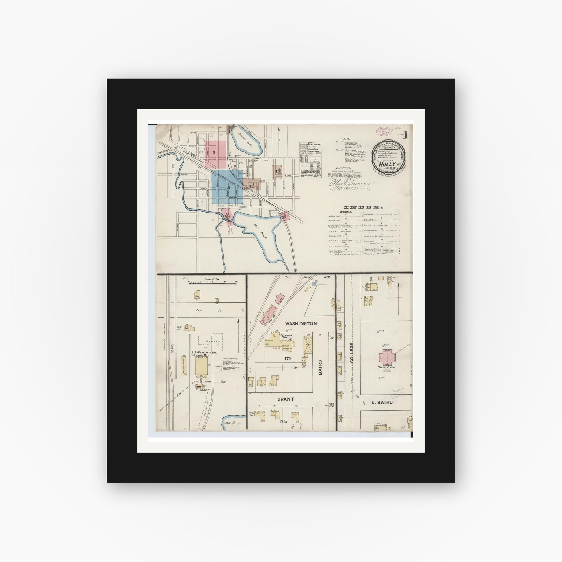 Old map wall art mockup — black gallery frame with white mat — Sanborn Fire Insurance Map from Holly, Oakland County, Michigan (1888) - Complete Map Set