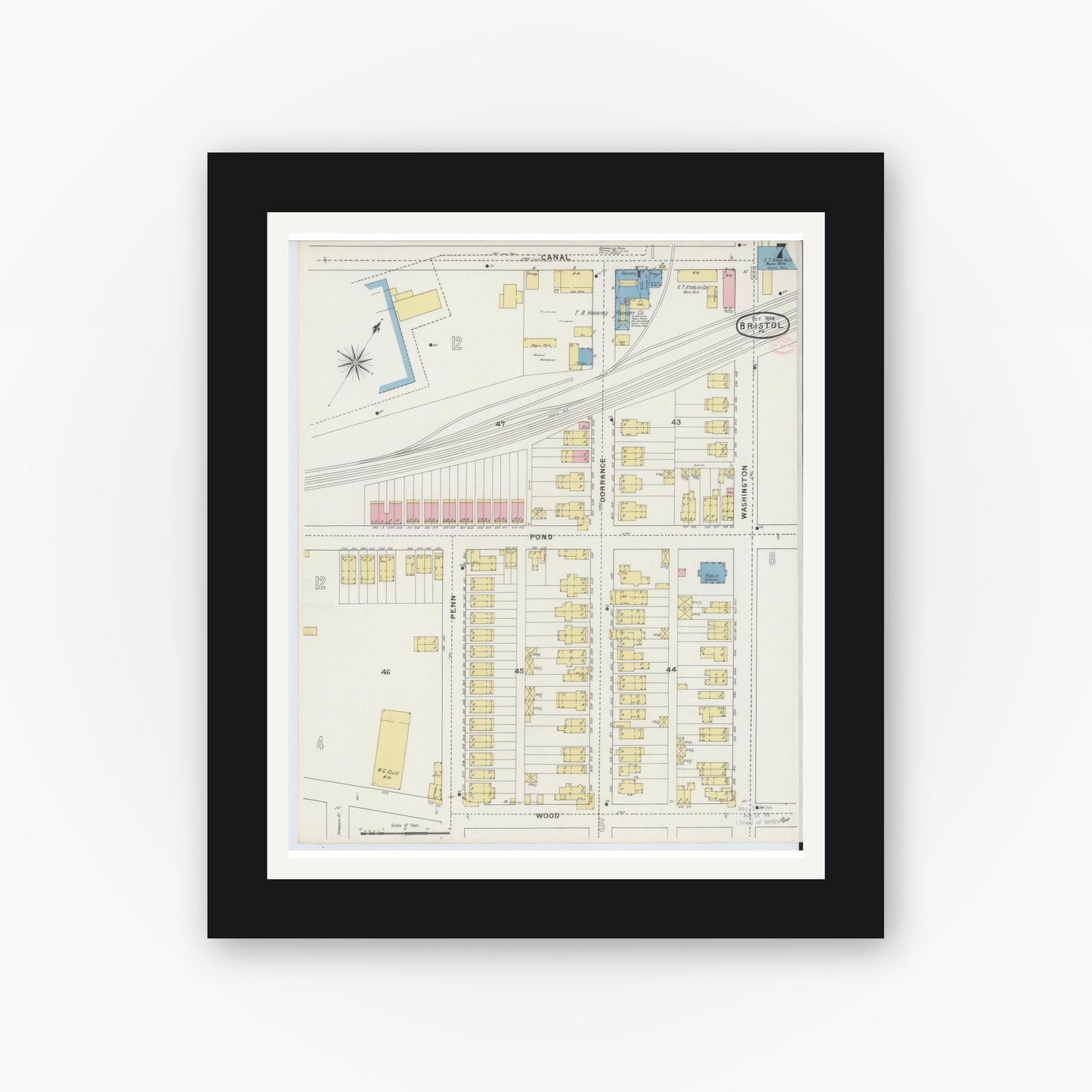 Old map wall art mockup — black gallery frame with white mat — Sanborn Fire Insurance Map from Bristol, Bucks County, Pennsylvania (1894), Sheet #0007