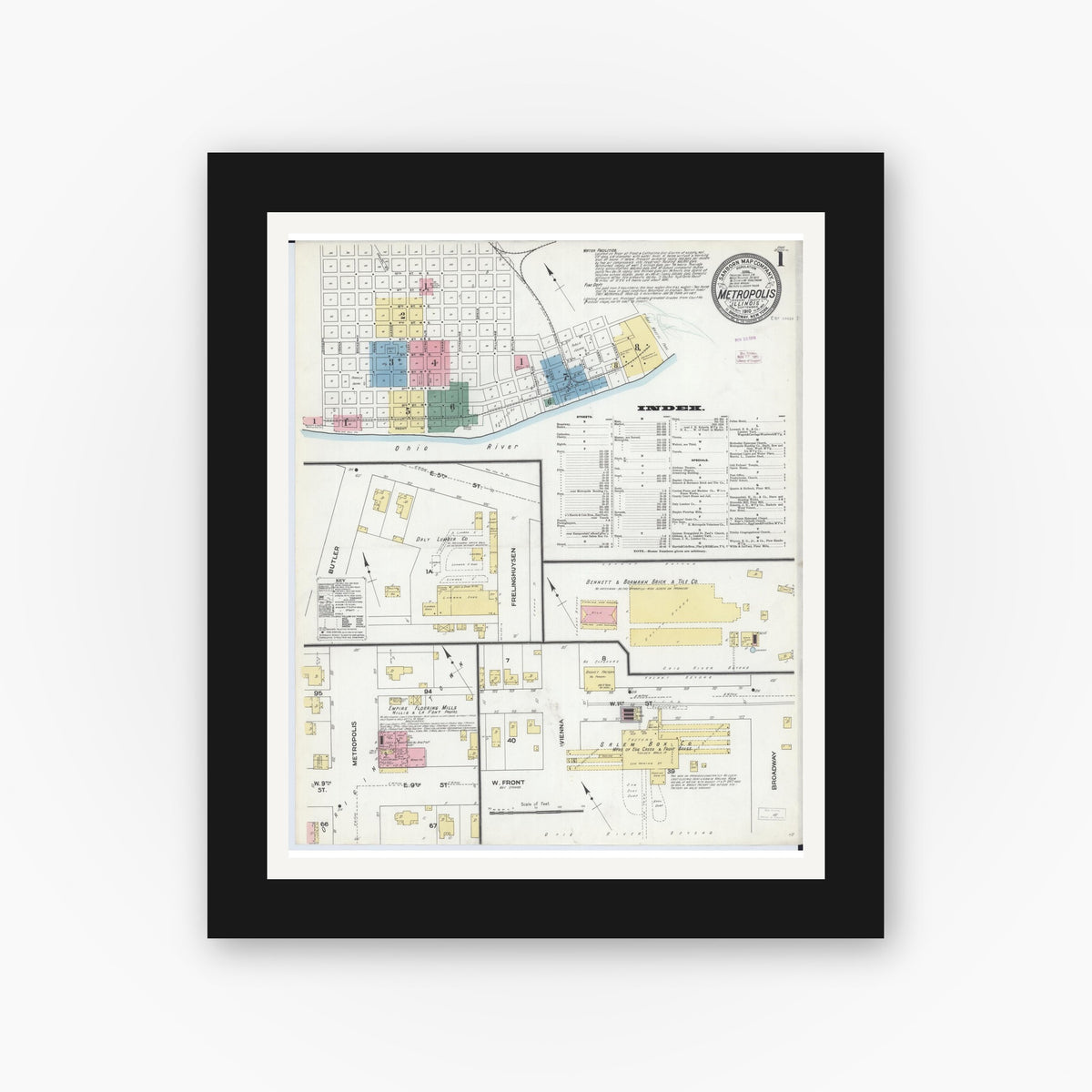 Old map wall art mockup — black gallery frame with white mat — Sanborn Fire Insurance Map from Metropolis, Massac County, Illinois (1910), Sheet #0001