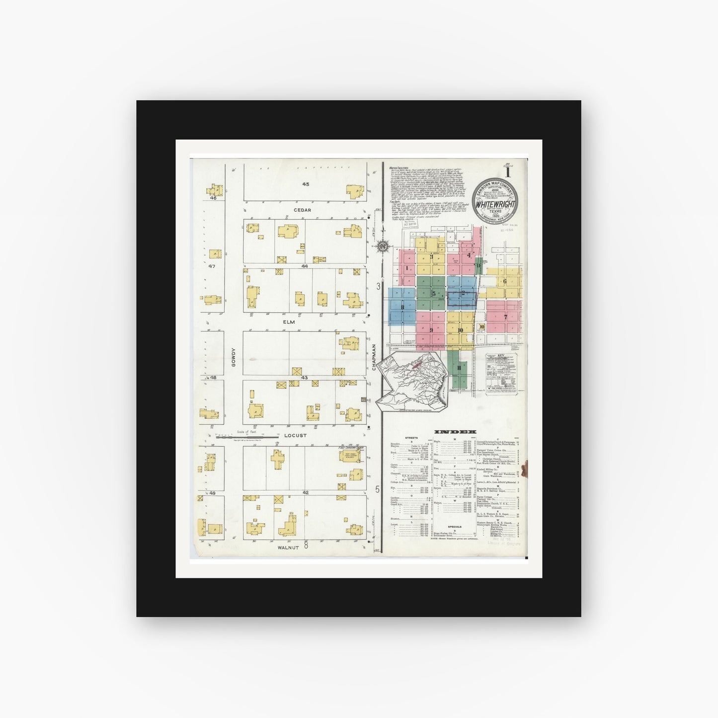 Old map wall art mockup — black gallery frame with white mat — Sanborn Fire Insurance Map from Whitewright, Grayson County, Texas (1920), Sheet #0001